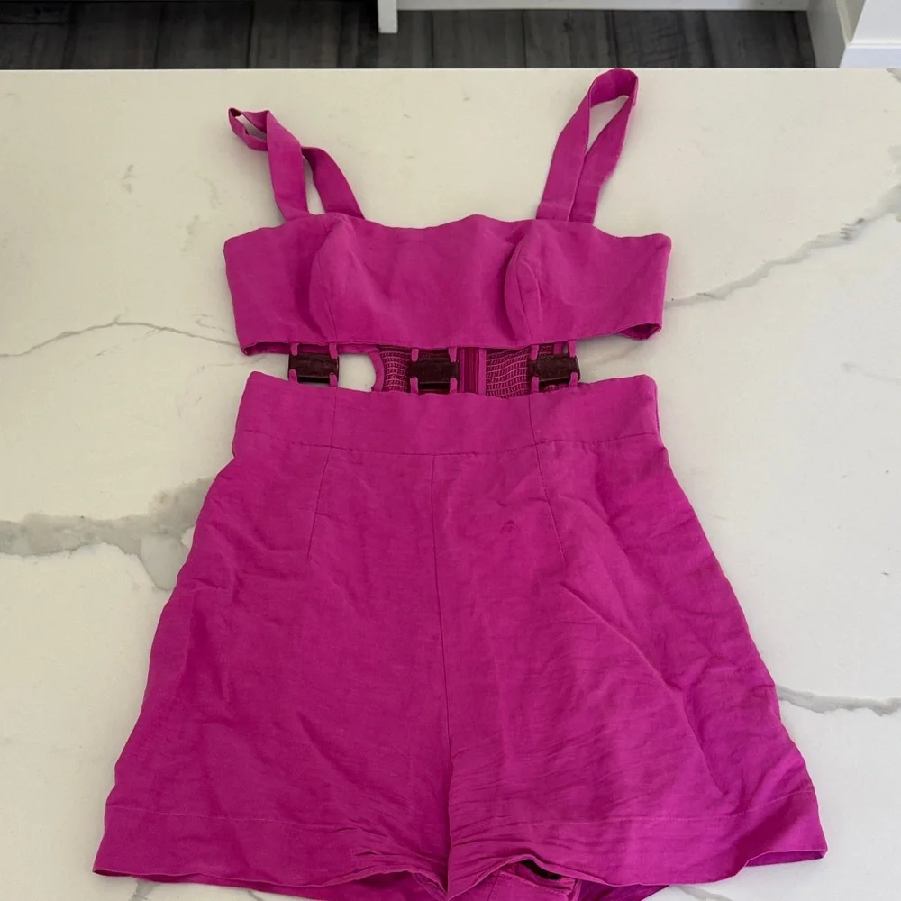 Bright Pink Women's Linen Blend Romper - Picture 1 of 6